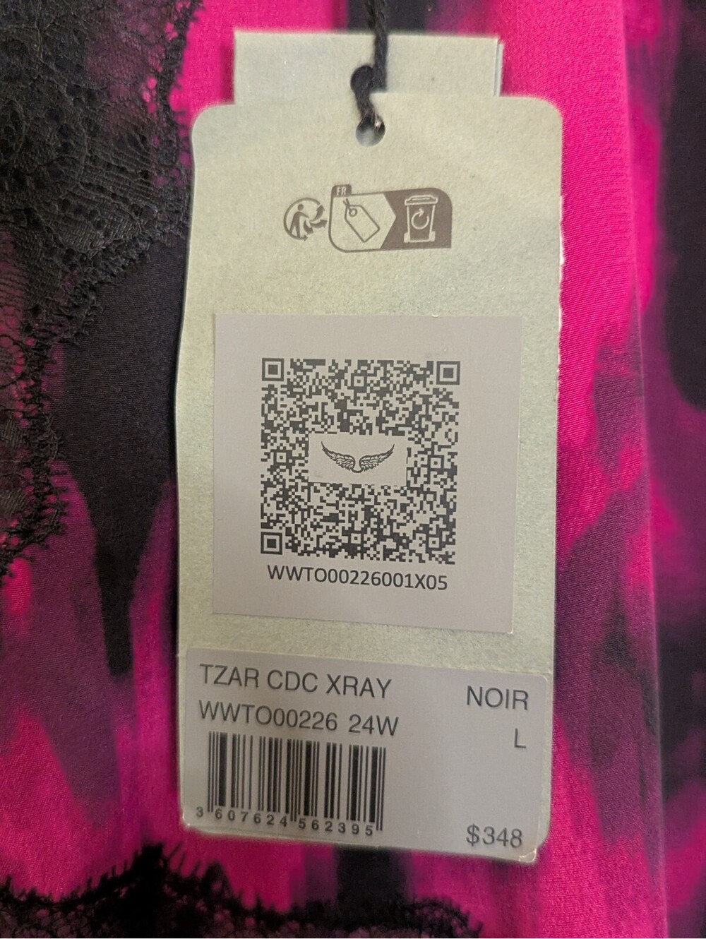 NWT ZADIG AND VOLTAIRE TZAR SILK TOP FUSCHIA AND BLACK LACE TRIM | SIZE L - Picture 8 of 8